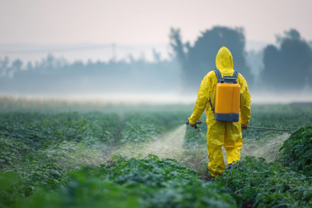 A farmer in a bright yellow protective suit sprays crops in a misty field at sunrise. The scene captures the essential practices of modern agriculture in a serene yet industrious environment.の素材