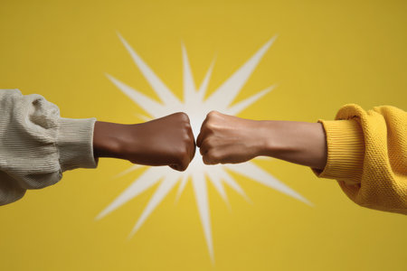 Two hands performing a fist bump against a bright yellow background; a powerful symbol of unity, friendship, and collaboration that inspires positivity.の素材