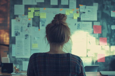A woman with a hair bun sits in a creative workspace, gazing at a wall filled with colorful notes and documents, symbolizing focus and inspiration.の素材