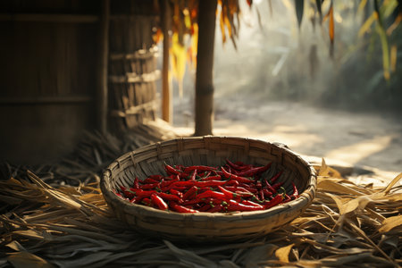 A stunning composition featuring fresh red chili peppers in a traditional basket, set against a rustic backdrop with soft natural light.の素材