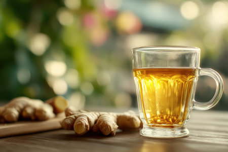 A steaming cup of fresh ginger tea sits on a wooden table beside organic ginger roots. The warm beverage offers a cozy atmosphere, ideal for relaxation and wellness.の素材