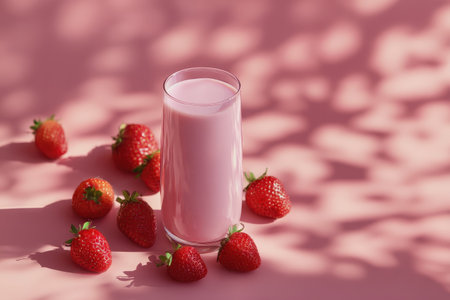 A refreshing strawberry smoothie served in a clear glass, surrounded by fresh strawberries. The subtle shadows and pink background enhance the vibrant colors, creating an inviting atmosphere.の素材