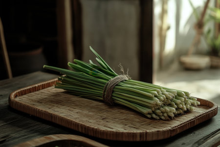 A beautiful arrangement of fresh green onions tied with twine, displayed on a woven tray. The natural lighting creates a warm and inviting atmosphere, perfect for food enthusiasts and home cooks seeking inspiration.の素材