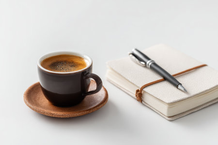 A serene composition featuring a cup of freshly brewed coffee, a notepad, and a pen on a light background, perfect for morning inspiration and productivity.の素材
