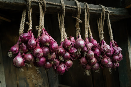 A charming display of red onions elegantly hanging from a rustic wooden structure, perfect for culinary inspiration or home decor.の素材