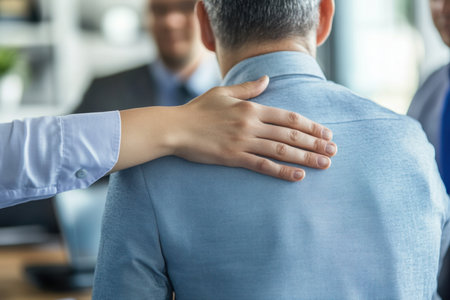 A hand gently rests on the shoulder of a man in a professional environment, symbolizing support and encouragement among colleagues during a meeting.の素材