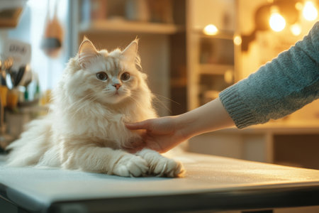 A serene moment features a fluffy cat receiving gentle affection from a human hand. This warm indoor scene highlights the bond between pets and their owners.の素材