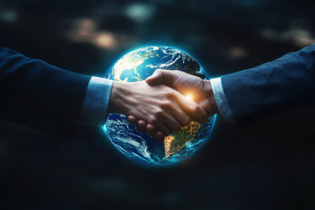This image illustrates a symbolic handshake above a glowing Earth, representing unity and global cooperation in business and community initiatives.の素材