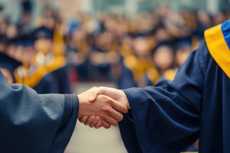 A close-up of a handshake between two graduating students during a commencement ceremony. This moment symbolizes success, friendship, and future opportunities.の素材