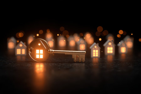 A golden key rests in the foreground, symbolizing home and security, with illuminated house icons softly glowing in the background. Ideal for real estate themes.の素材