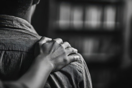 This intimate black and white image captures the gentle touch of a hand on a shoulder, symbolizing support, comfort, and emotional connection in a serene atmosphere.の素材