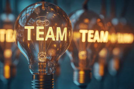 A series of glowing light bulbs with the word "TEAM" illuminated, representing the importance of collaboration and collective effort in a modern workspace setting.の素材