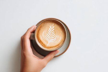 A hand gently holds a beautifully crafted coffee cup featuring intricate latte art that resembles a leaf pattern, perfect for cozy moments.の素材