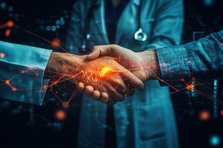 A close-up of a handshake between a healthcare professional and a person representing trust and partnership in advancing healthcare innovations and solutions.の素材
