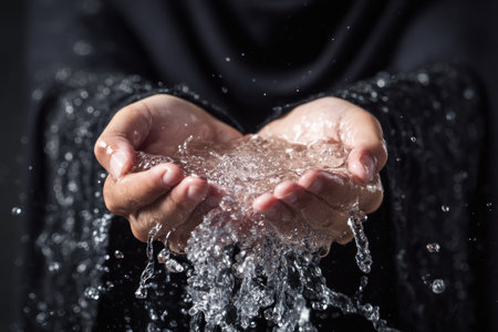 Capturing the beauty of water flowing from hands, this image represents purity and connection to nature. The black background enhances the serene mood and movement.の素材