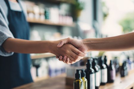 A warm handshake represents a partnership in a natural product shop. This moment highlights trust and connection between individuals in a retail setting.の素材