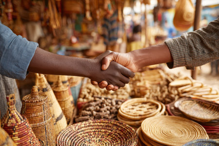 A warm handshake symbolizes friendship and cooperation between two individuals at a local market filled with vibrant crafts and goods, showcasing community spirit.の素材