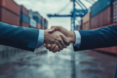 Two business professionals engage in a handshake, symbolizing partnership and agreement amidst a vibrant shipping container backdrop, highlighting collaboration in logistics.の素材
