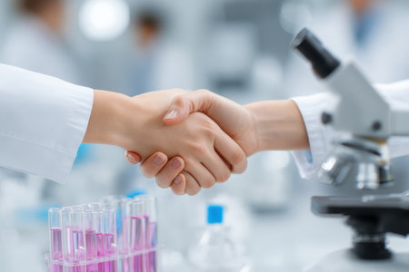Two scientists shake hands in a modern laboratory, symbolizing collaboration. Test tubes contain vibrant pink liquid, while a microscope sits nearby.の素材