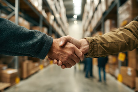 A handshake between two individuals in a warehouse setting symbolizes partnership and teamwork, reflecting the importance of collaboration in business operations.の素材