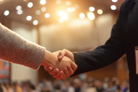A close-up of a handshake between two individuals at a conference, symbolizing partnership and collaboration, with a blurred audience in the background.の素材