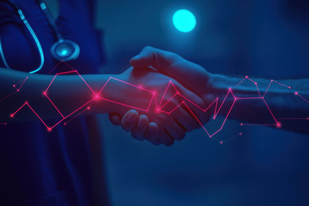 Two hands shake in partnership, symbolizing collaboration in healthcare. A futuristic digital overlay emphasizes innovation and teamwork in medical service.の素材