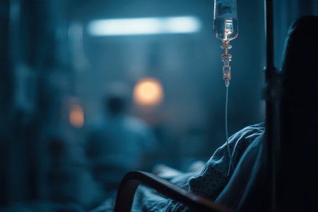A serene hospital environment featuring a close-up of an IV drip next to a patient, emphasizing medical care and the healing process in a dimly lit room.の素材