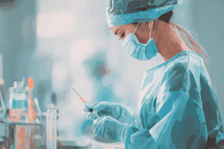 A dedicated healthcare professional in surgical attire prepares a medical injection in a clinical lab setting, emphasizing safety and precision in patient care.の素材