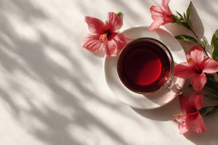 A soothing cup of hibiscus tea sits gracefully beside pink flowers, casting beautiful shadows on a light background, creating a serene and refreshing ambiance.の素材