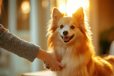 A cheerful golden dog with a bright smile enjoys gentle affection from a loving owner in a tranquil indoor environment illuminated by sunset.の素材