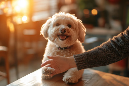A cheerful dog enjoys the moment with a human hand reaching out on a table during a beautiful sunset in a cozy indoor environment.の素材