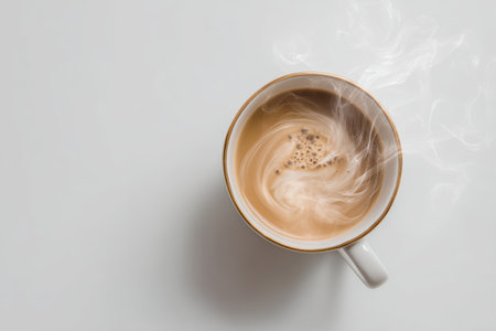 A hot coffee cup with swirling cream and steam creates a warm and inviting atmosphere. Ideal for wellness, relaxation, and lifestyle imagery.の素材