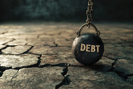 A powerful visual representation of debt as a heavy wrecking ball hangs from a chain over a cracked ground, symbolizing the crushing weight of financial burdens in life.の素材