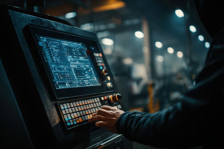 A technician interacts with a control panel in a modern manufacturing facility. The interface displays data and settings for precise automation controls and operations.の素材