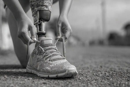 A close-up view of an individual with a prosthetic leg tying their shoe laces, symbolizing resilience and determination. The scene captures the spirit of overcoming challenges and embracing an active lifestyle.の素材