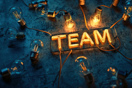 A vibrant illuminated sign reading "TEAM" surrounded by vintage light bulbs, symbolizing collaboration and creativity in a friendly work environment.の素材