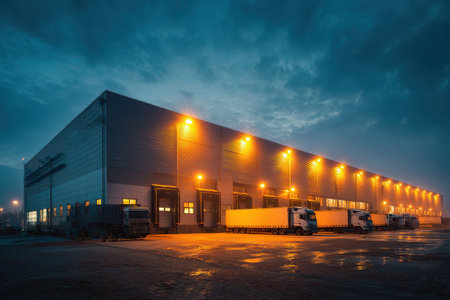 A twilight view of a modern industrial warehouse, featuring a loading dock and parked trucks. The scene captures the essence of logistics and urban infrastructure under dramatic lighting.の素材