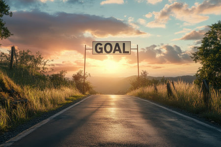 A serene road stretches towards a beautiful sunset, framed by a large sign saying "GOAL." This captivating scene symbolizes aspiration, achievement, and the journey ahead.の素材
