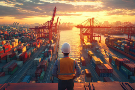 A dedicated industrial worker stands on the edge of a shipping container port, observing the vibrant sunset over cargo vessels and cranes, highlighting industry and logistics.の素材