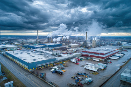Aerial view of an industrial complex featuring smokestacks and heavy machinery, set against a dramatic cloudy sky, showcasing modern manufacturing and energy production.の素材
