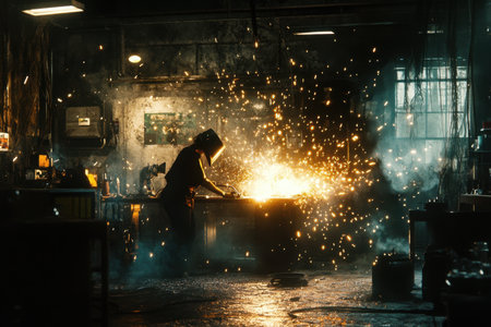 A captivating scene of an industrial welder at work, producing mesmerizing sparks in a dimly lit workshop. The atmosphere evokes a sense of craftsmanship and dedication.の素材