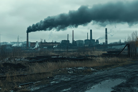 A gloomy industrial scene showcasing factories emitting smoke into an overcast sky, surrounded by barren land, highlighting environmental concerns and urban decay.の素材