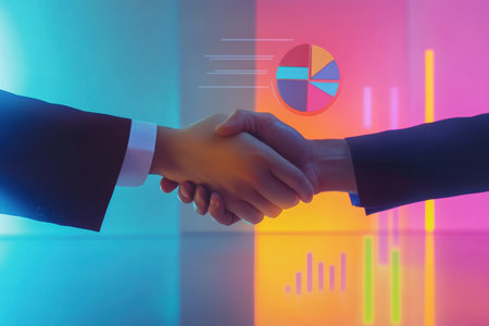 Two business professionals perform a handshake in front of a vibrant background with data visualization, symbolizing partnership, business growth, and teamwork in modern corporate settings.の素材