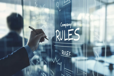 A business professional inscribes company rules on a glass wall in a bright office, illustrating a commitment to clarity and teamwork in a modern workplace setting.の素材