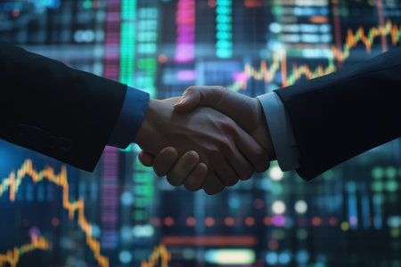A close-up of a handshake between two professionals against a backdrop of digital stock market data, symbolizing partnership and investment success.の素材