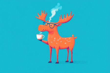 A whimsical cartoon moose character wearing glasses holds a steaming cup, radiating charm in a vibrant blue backdrop, perfect for playful projects.の素材