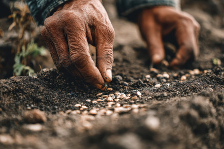 A detailed close-up of hands carefully planting seeds into dark, fertile soil, illustrating the dedication and labor involved in agriculture and gardening.の素材