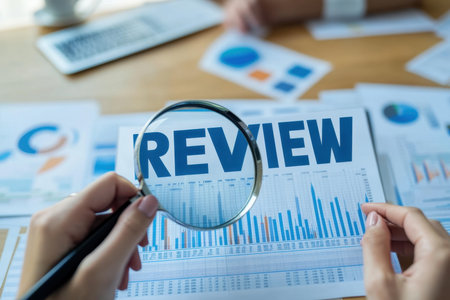 A close-up view of a business review document under a magnifying glass, highlighting performance metrics and analysis for strategic corporate evaluations and decision-making.の素材