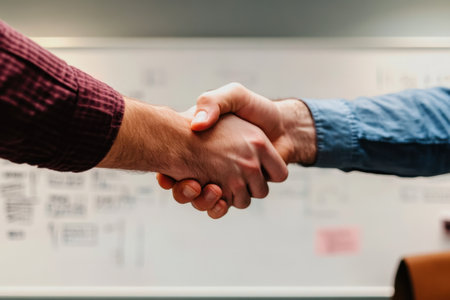 This image captures a close-up of two individuals engaged in a handshake, representing agreement and cooperation in a professional business environment, showcasing trust and partnership.の素材
