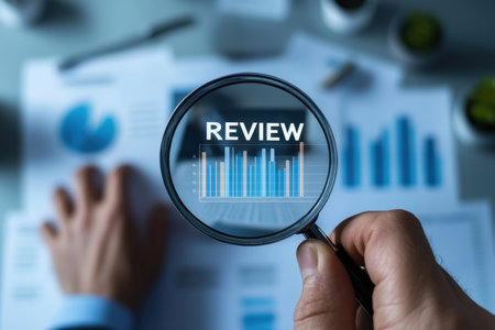 A close-up image showcasing a hand holding a magnifying glass over a review of graphical data representations and financial reports, ideal for business analysis and evaluation themes.の素材